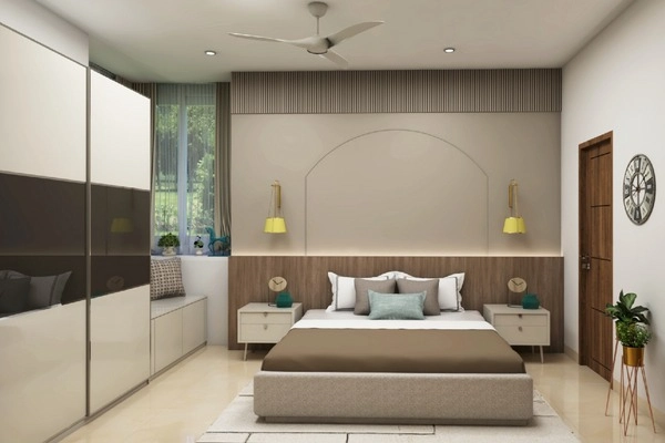 The Floor-to-celling sliding wardrobe in earthy toned bedroom