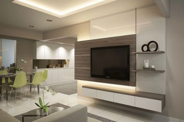 The TV unit is the center and open  shelves in Living room